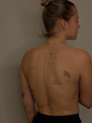 Fine line tattoos scattered across a back: a bird, small lines of text and a snake
